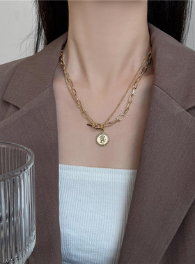 个性简约美人头像吊坠女双层欧美