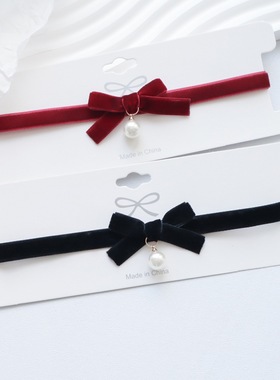 安可拉蓓蕾少女风甜美饰品酒红色颈链黑色天鹅绒带项圈锁骨链项链