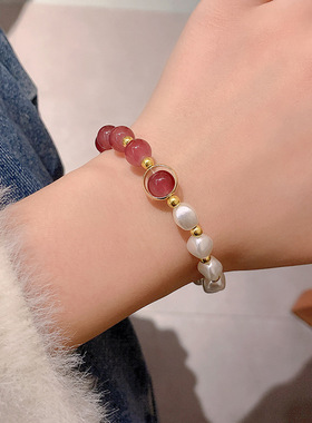 草莓晶手链女ins小众设计简约手饰气质简约招桃花巴洛克珍珠手串