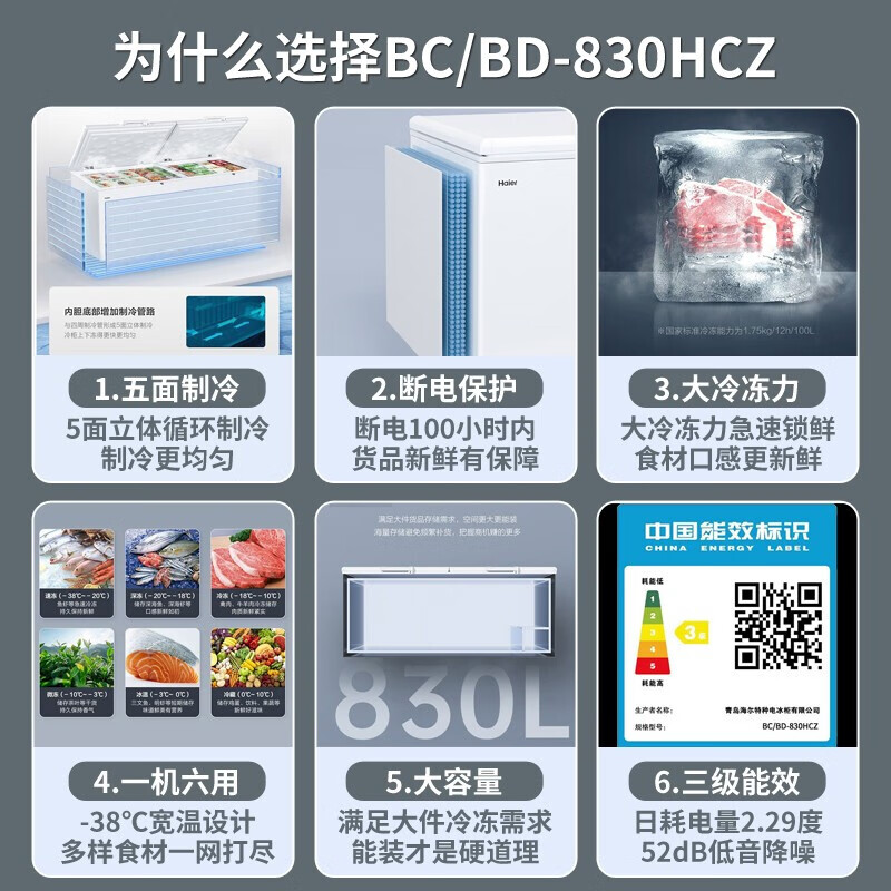 海尔冰柜商用冷冻柜大容量冷藏两用卧式雪糕速冻节能省电829/830L - 图0