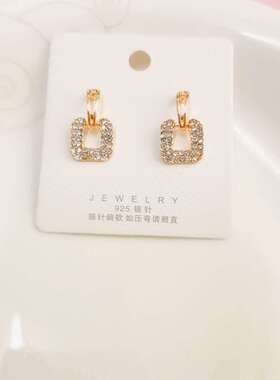 925银针短款满钻方块几何耳环