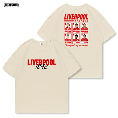 利物浦T恤LIVERPOOL杰拉德 萨拉赫 范戴克复古插画款纯棉休闲短袖 - 图0