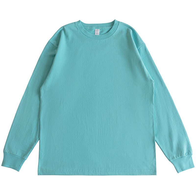 250g提夫尼蓝 水绿色重磅纯棉长袖T恤男女bf风宽松圆领纯色打底衫 - 图3