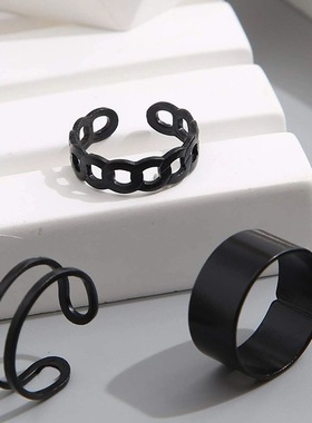 黑色暗黑复古港风三件套食指关节戒指女时尚个性小众冷淡风配饰潮