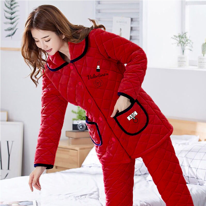 女士珊瑚绒三层加绒夹棉袄新款睡衣 标倩儿睡衣/家居服套装