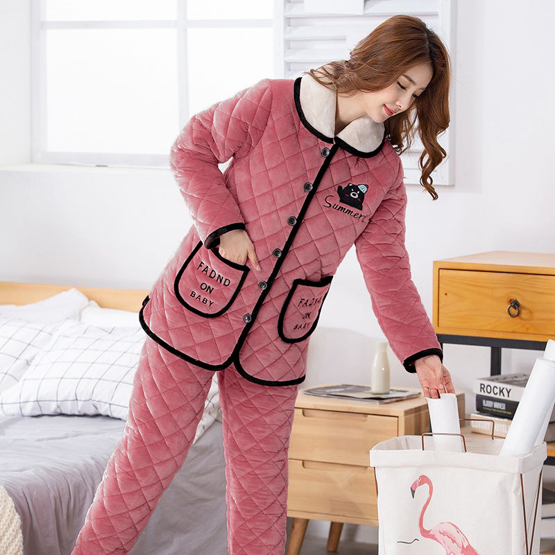 女士珊瑚绒三层加绒夹棉袄新款睡衣 标倩儿睡衣/家居服套装
