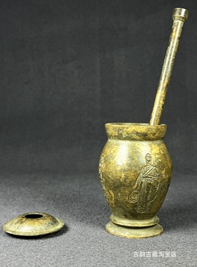 老式黄铜捣药罐研磨器铜擂臼仿古李时珍捣药罐古玩中医药店铜摆件