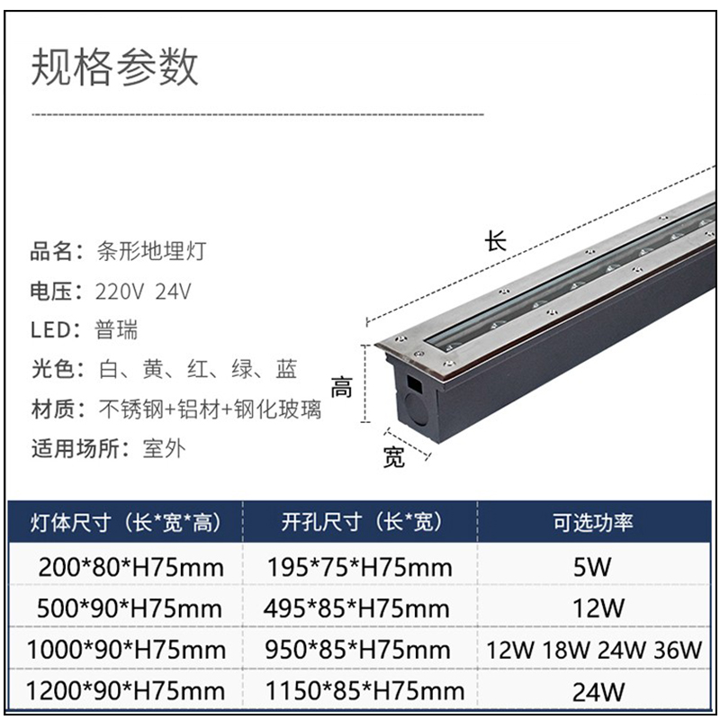 led长方形地埋灯防水嵌入式条形灯台阶过道墙脚灯条形埋地洗墙灯-图2