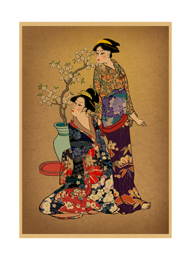 浮世绘牛皮纸海报 日本绘画画 日风拍摄背景怀旧复古装饰墙贴画