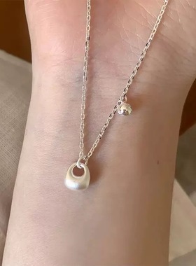 S925纯银磨砂哑光小银托项链女韩版小众设计高级感几何圆珠锁骨链