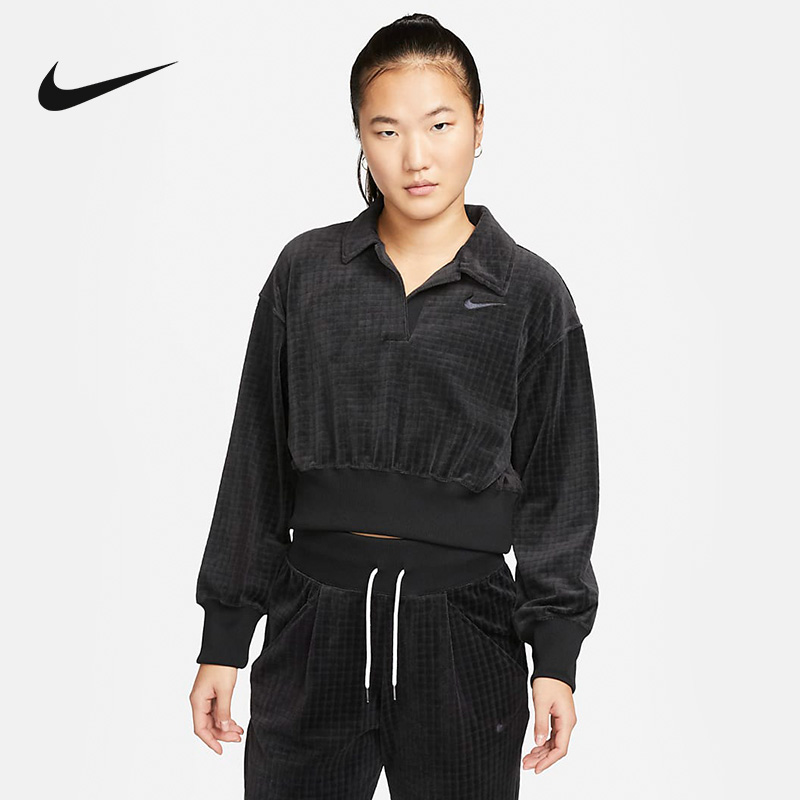 Nike耐克POLO衫女装2024春季新款时尚平绒长袖翻领休闲上衣DV7815