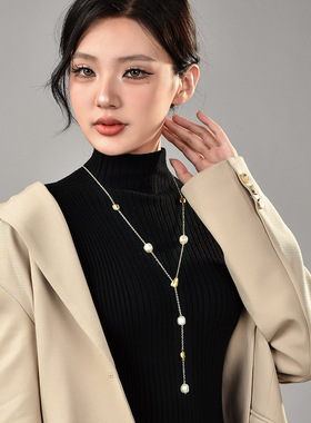 厂家直销秋冬新款拉丝珍珠拼接长款项链女时尚百搭气质毛衣链