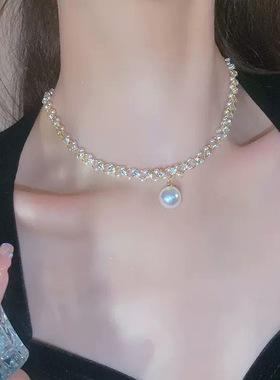 纯欲风闪钻珍珠项链女2024年新款潮轻奢小众设计高级感锁骨链颈链