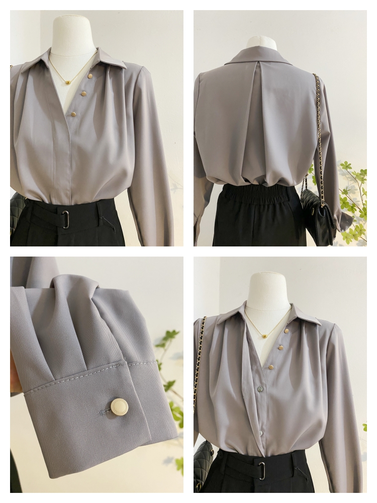 法式高级感灰色气质古巴V领长袖衬衫女秋季设计感洋气小金扣上衣