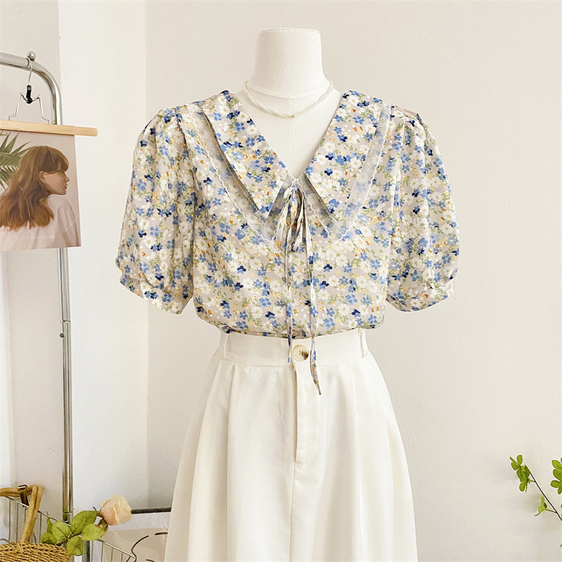 夏季小清新碎花娃娃领雪纺衫衬衫 莲妲衬衫