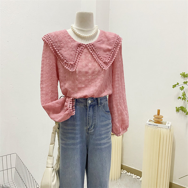 粉色双层蕾丝娃娃领女长袖2022衬衫 莲妲衬衫