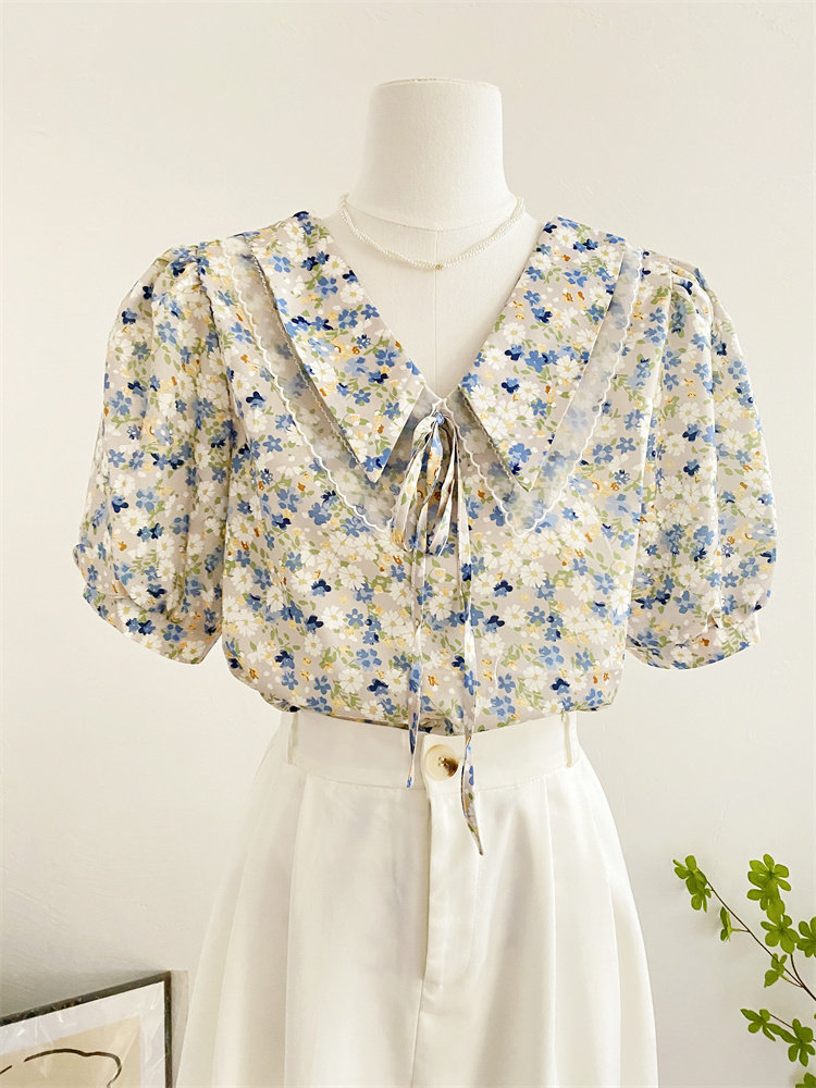 夏季小清新碎花娃娃领雪纺衫衬衫 莲妲衬衫
