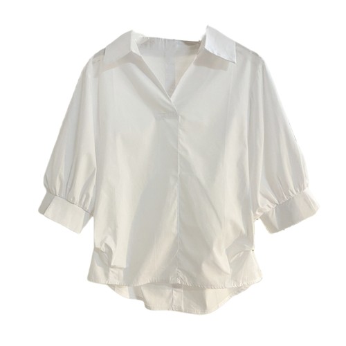 简约纯色V领白色衬衫女夏短袖设计感宽松休闲气质套头灯笼袖上衣-图3