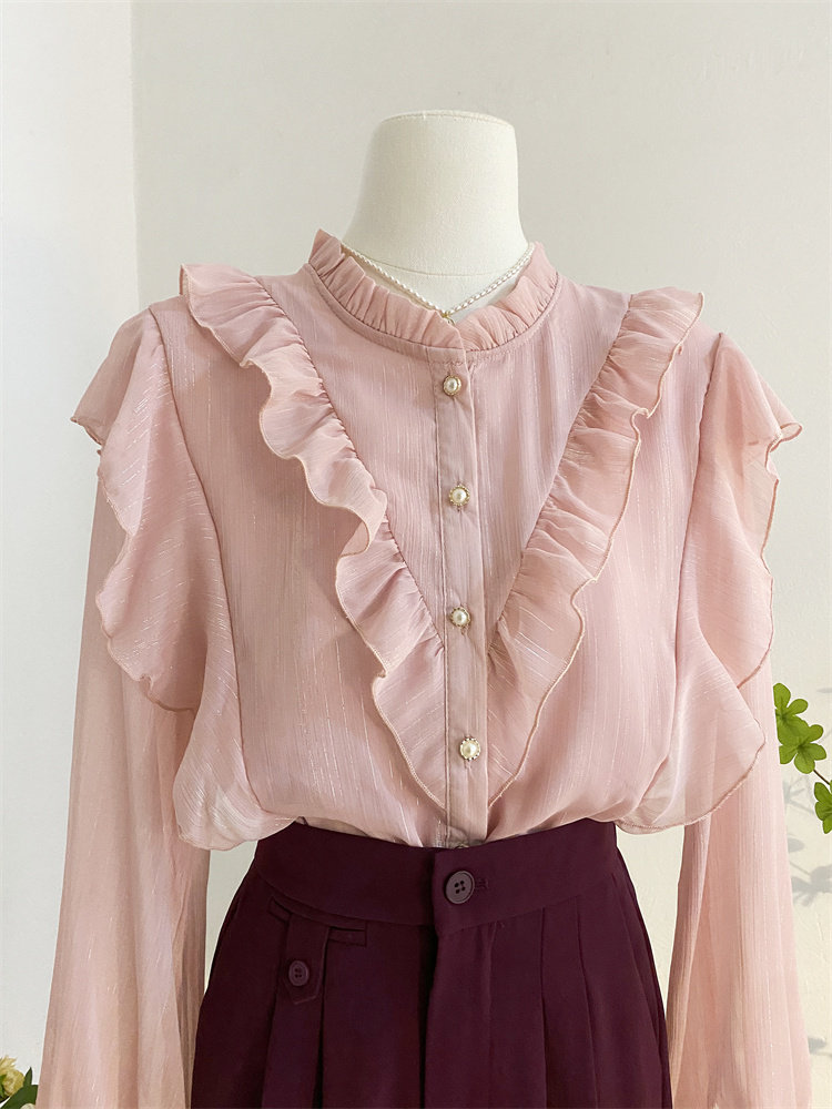 粉色木耳立领荷叶边雪纺衫气质衬衫 莲妲衬衫