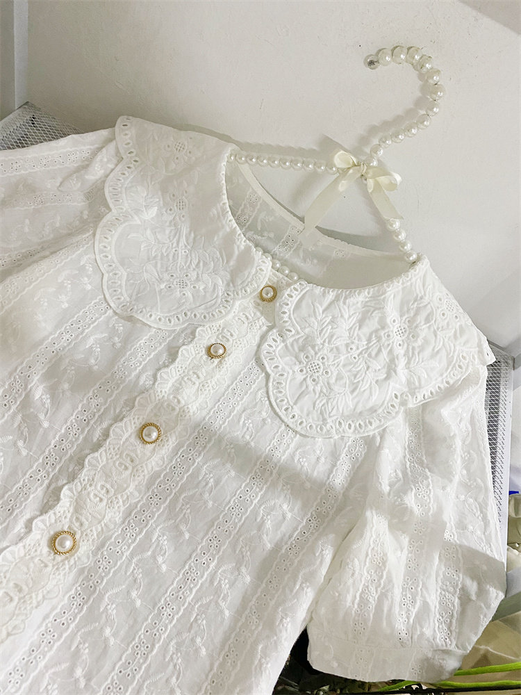 白色蕾丝刺绣娃娃领女短袖2022衬衫 莲妲衬衫