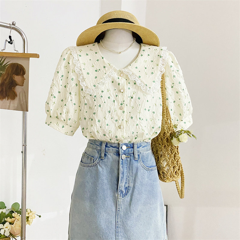 法式蕾丝花边娃娃领碎花女夏衬衫 莲妲衬衫