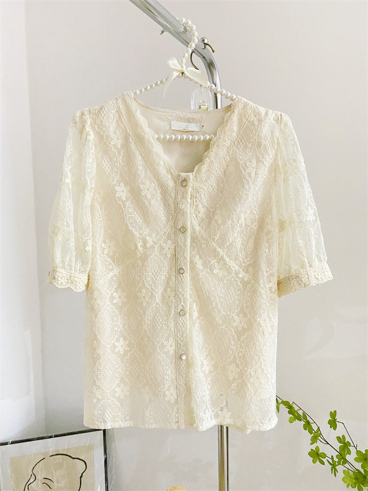 2022夏新款蕾丝衫女减龄短袖衬衫 莲妲衬衫
