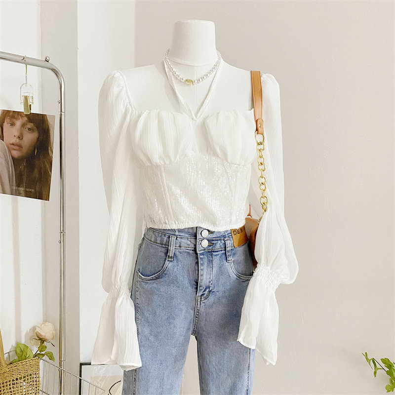 纯欲风法式方领短款修身设计感衬衫 莲妲衬衫