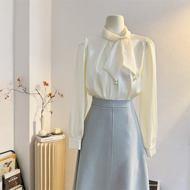 French gentle style bow satin long sleeve shirt for women