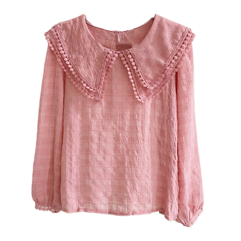 粉色双层蕾丝娃娃领女长袖2022衬衫 莲妲衬衫