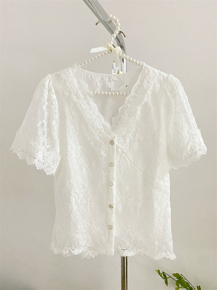 夏季设计感镂空泡泡袖法式v领衬衫 莲妲衬衫