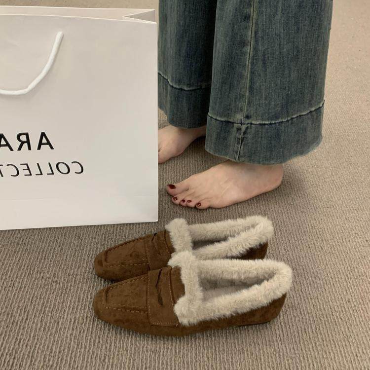 香港平底懒人一脚蹬加绒乐福鞋女秋冬季外穿毛绒豆豆鞋保暖棉瓢鞋,淘宝优惠券,粉丝福利购,淘宝优惠卷