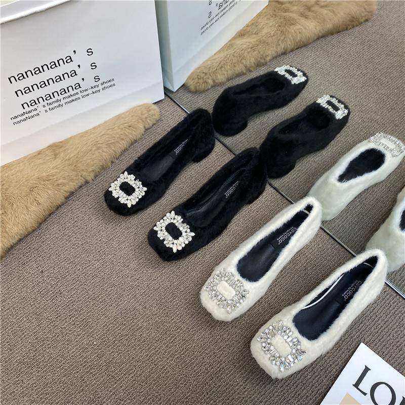 潮牌粗跟毛毛鞋女冬季外穿2025新款高级加绒豆豆鞋水钻扣保暖棉鞋,淘宝优惠券,粉丝福利购,淘宝优惠卷