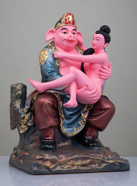 树脂金缕彩猪八戒抱媳妇摆件