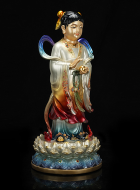 黄铜贴金观音善财童子玄关摆件