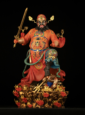 铜铸石影站钟馗捉鬼中式摆件