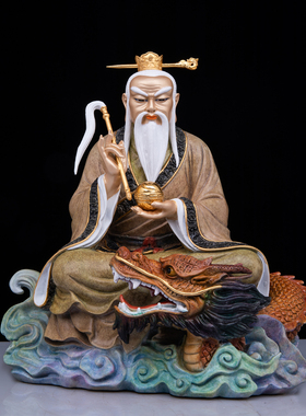 黄铜鸿钧老祖神像坐龙热着色摆件