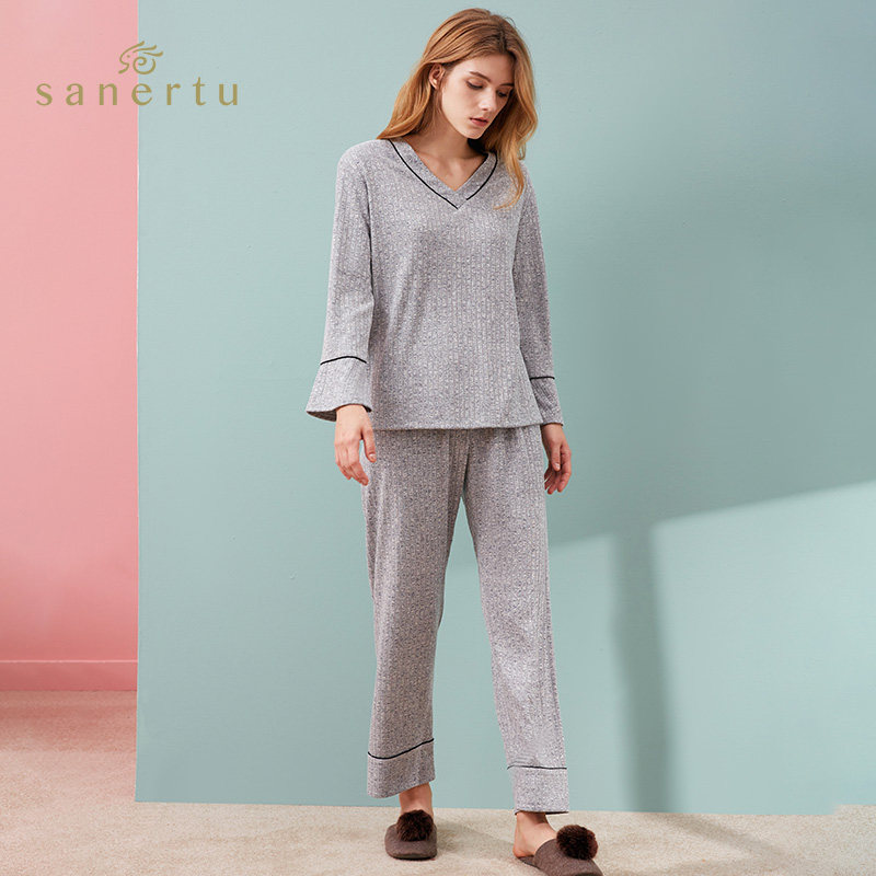 三耳兔春秋长袖v领居家纯色睡衣 三耳兔睡衣/家居服套装