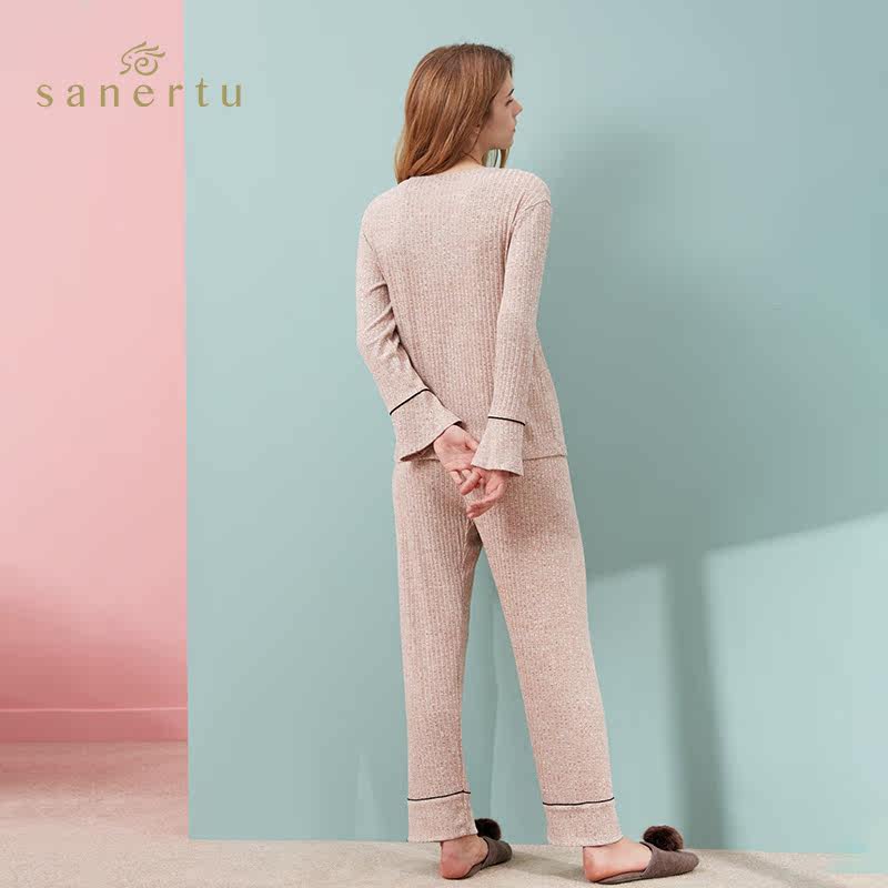 三耳兔春秋长袖v领居家纯色睡衣 三耳兔睡衣/家居服套装