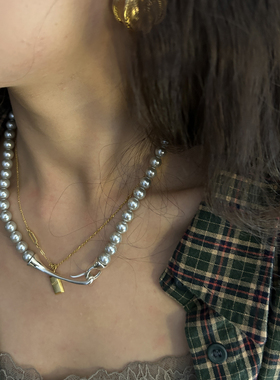 鬼鬼家正品韩代东大门 纯银锁扣轻奢麻灰色珍珠串毛衣链颈链项链