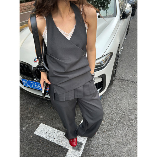 部分现货鬼鬼家正品韩代东大门气质feel挂脖小马甲裙裤长款西装裤 - 图0