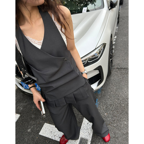 部分现货鬼鬼家正品韩代东大门气质feel挂脖小马甲裙裤长款西装裤 - 图2