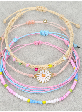 新款跨境波西米亚风防水蜡线手工编织手链合金菊花串珠手镯套装