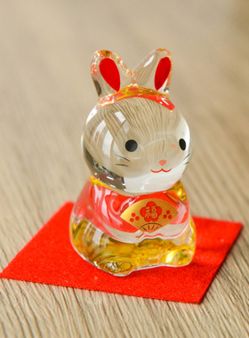 日本进口亲子招财猫兔子玻璃摆件