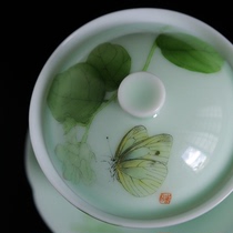 Time to have a clear wind hand painted Jasmine pink butterfly elegant green glazed cover cup masters cup