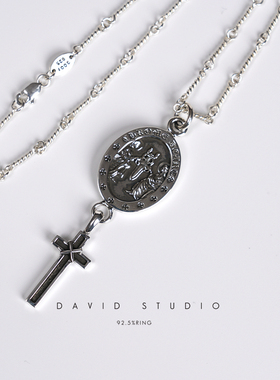 david纯银925纯银做旧椭圆圣剑十字架吊坠项链 情侣男女款项链