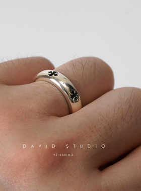 纯银十字花光圈细窄做旧复古戒指