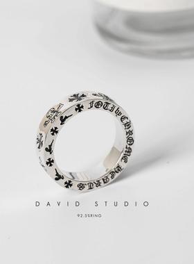 骷髅小矮人做旧戒指环纯银十字花