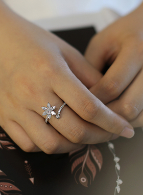 锆石花朵排钻戒指女小众设计轻奢高级感开口可调节指环时尚食指戒