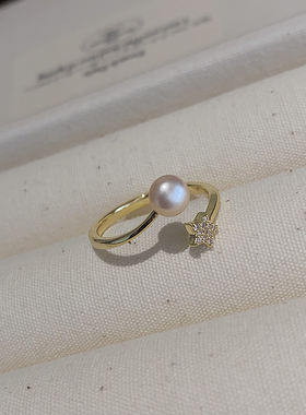 开口可调节高级感时尚简约五角星珍珠戒指小众设计气质指环食指戒