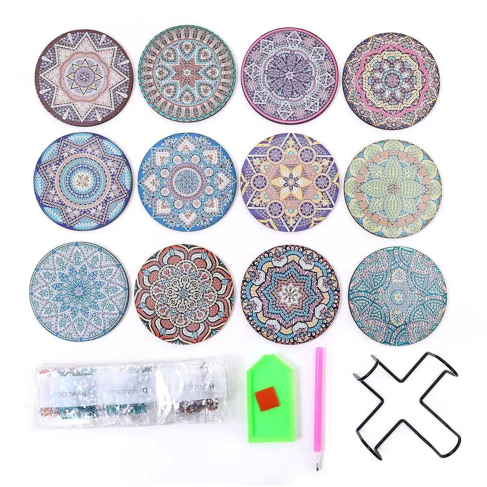 12pcs Diamond Art Coasters With Holder Diy Mandala Pattern D - 图1